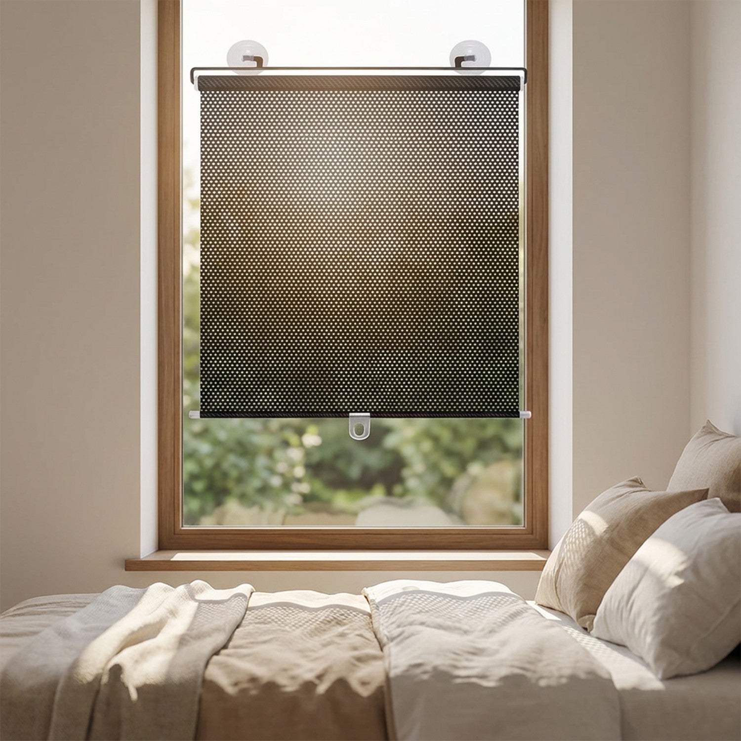 Store enrouleur à ventouses installé sur une fenêtre de chambre au-dessus d'un lit en lin