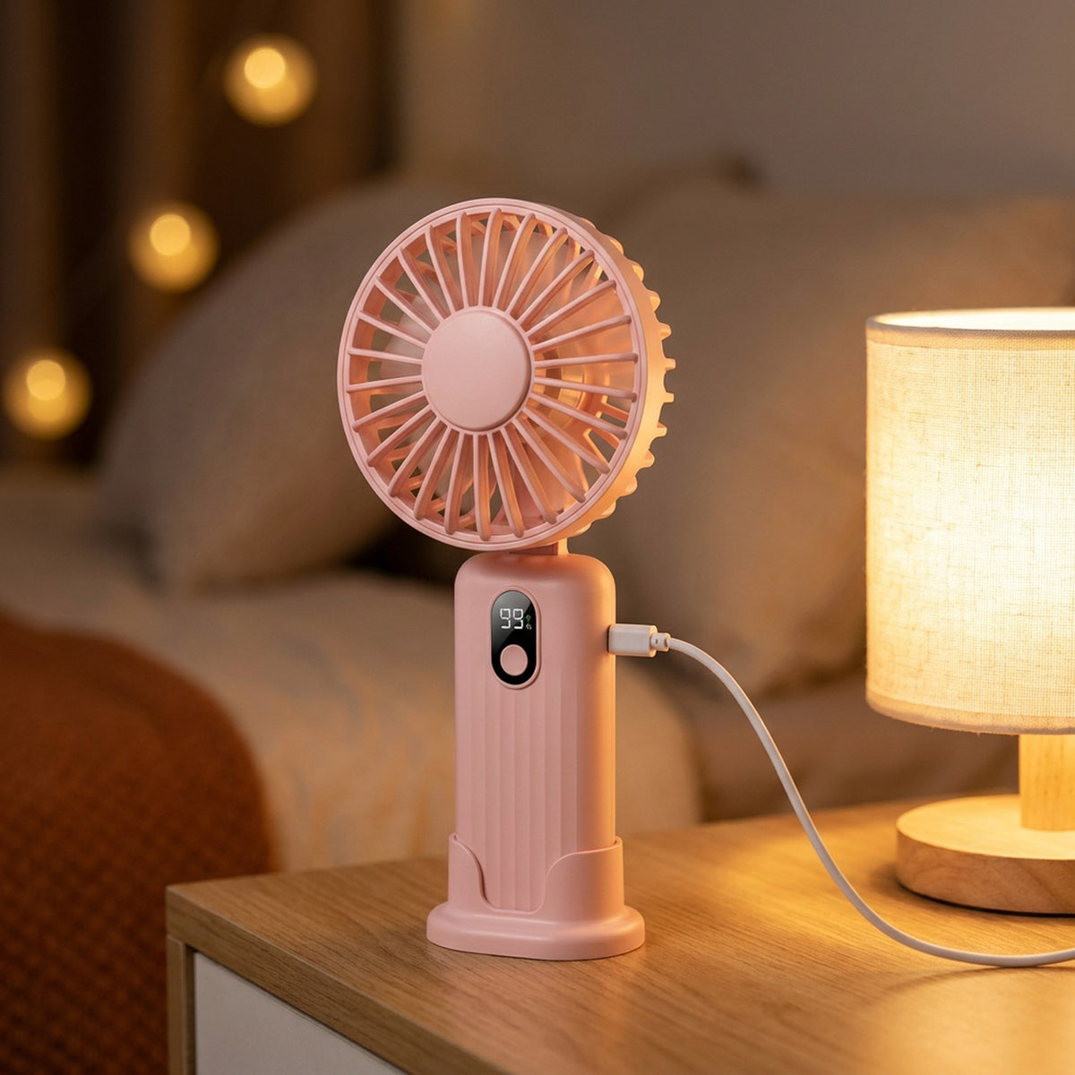 Ventilateur portable sur une table de chevet dans une chambre avec veilleuse allumée