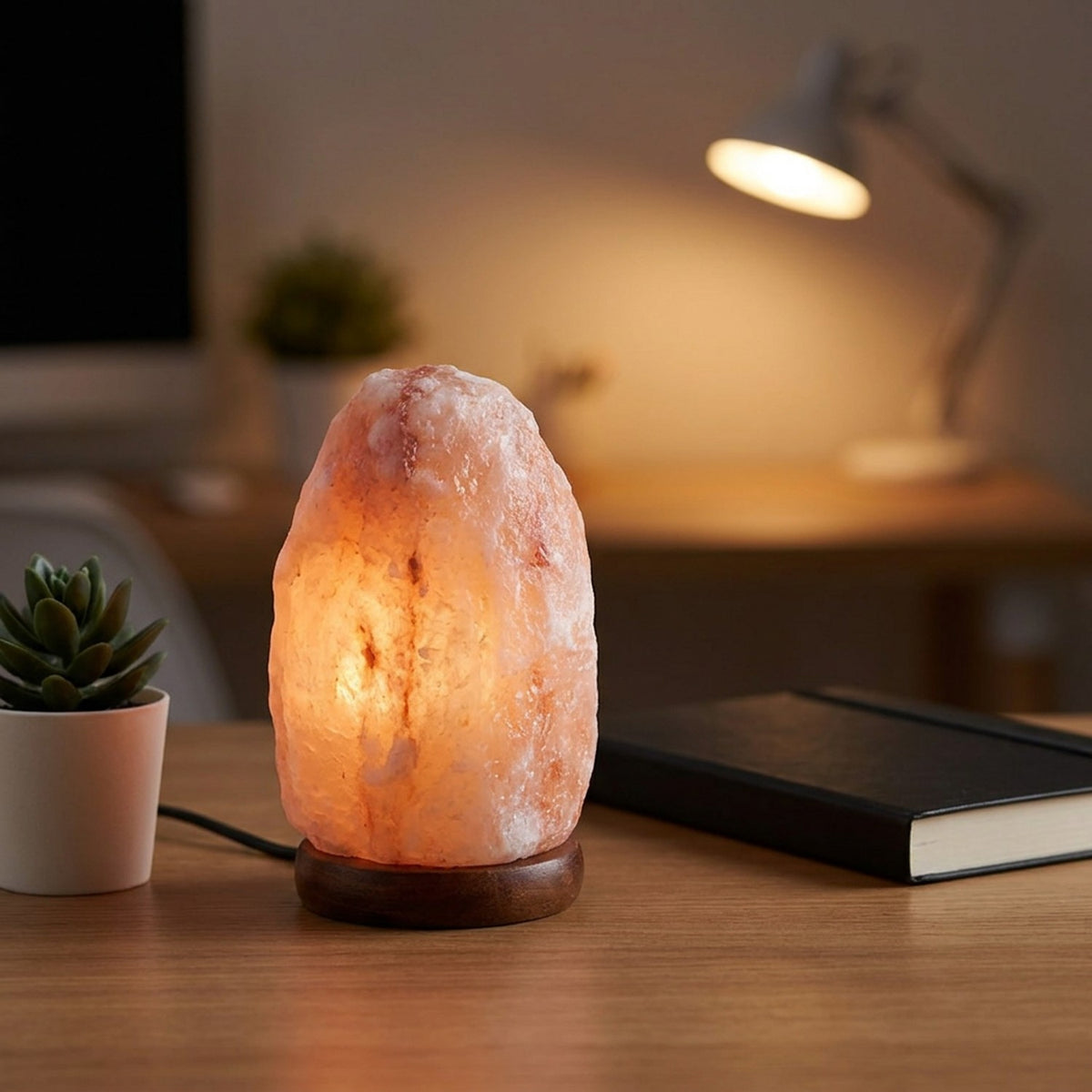 Lampe de sel de l'Himalaya allumée sur un bureau avec une plante