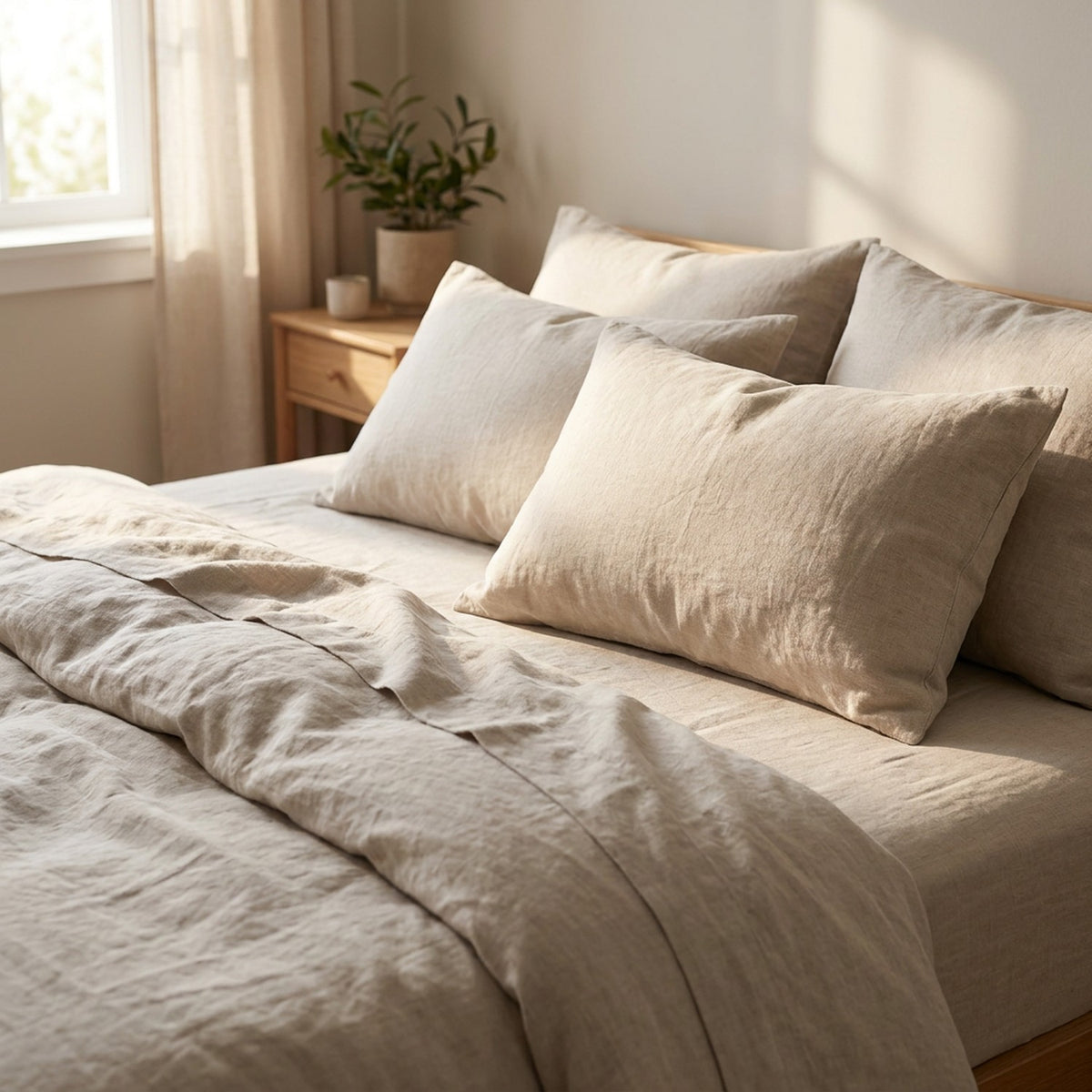 Taies d'oreiller en lin beige disposées sur un lit dans une chambre lumineuse