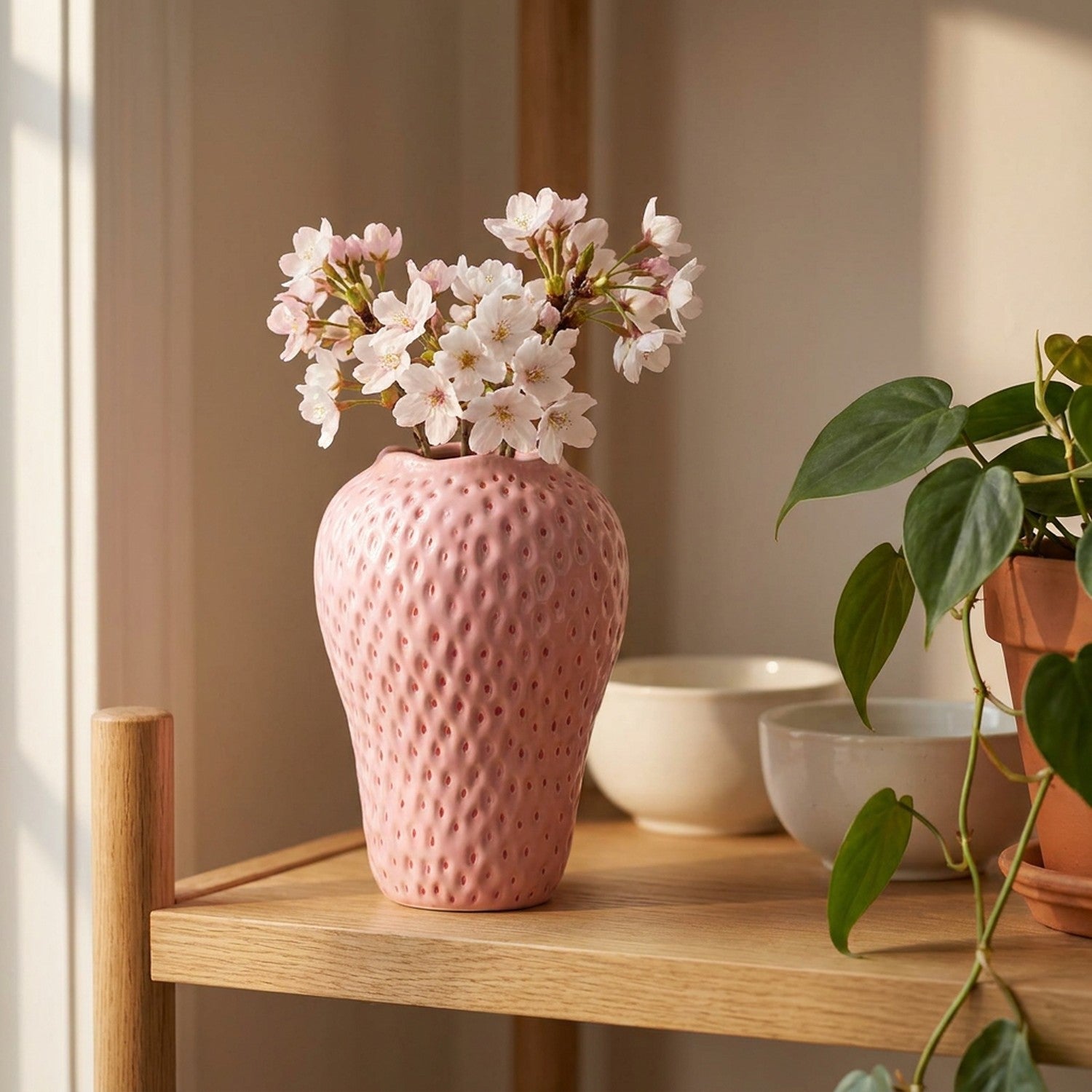 Vase rose en forme de fraise posé sur une étagère en bois à côté d'une plante verte dans un intérieur chaleureux