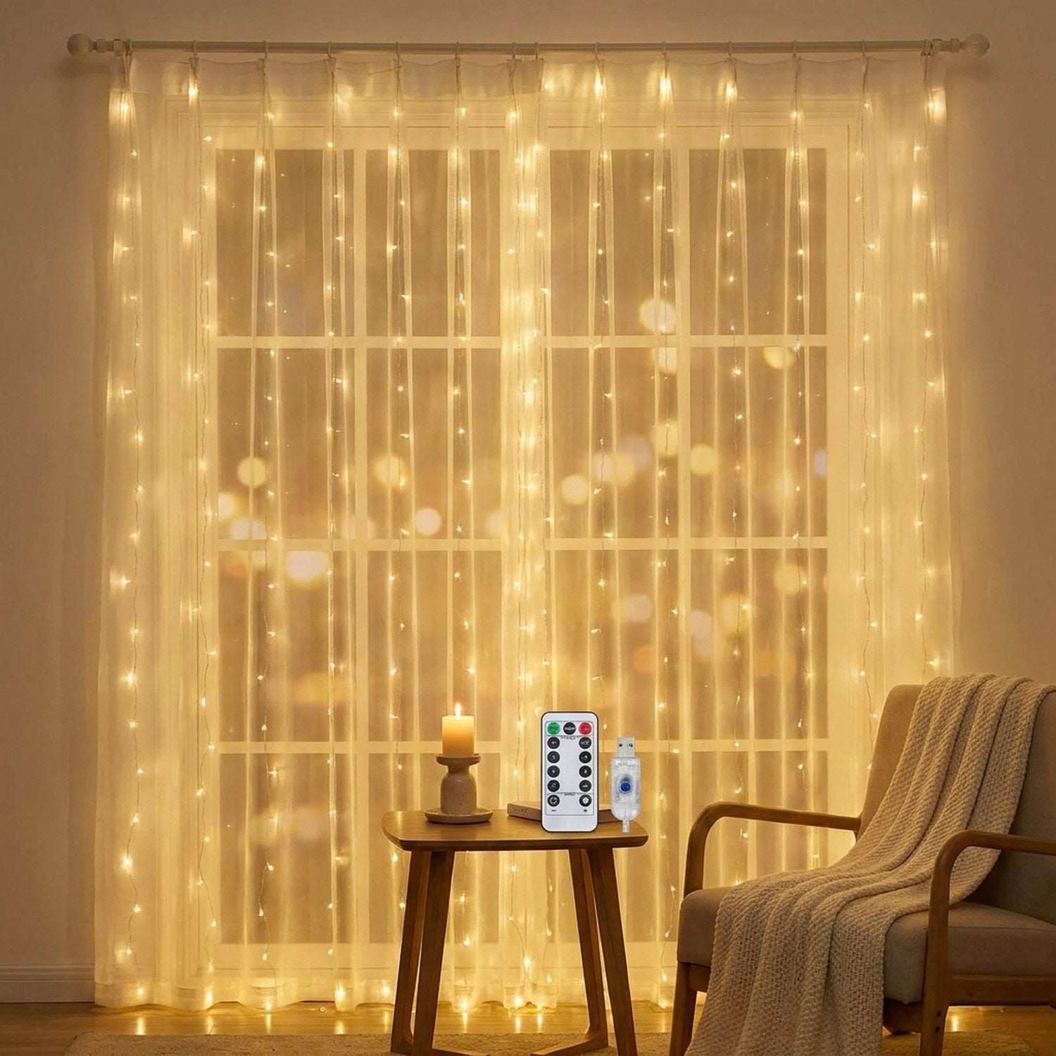 Rideau lumineux LED blanc chaud illuminant un coin lecture cosy dans un salon le soir