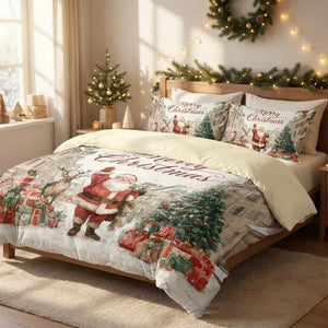 Housse de couette Père Noël sur un grand lit dans une chambre lumineuse et chaleureuse