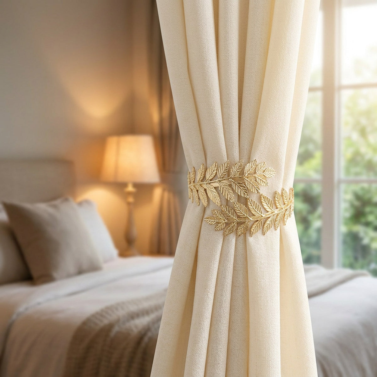 Embrasse de rideau dorée à feuilles tenant un rideau crème dans une chambre chaleureuse