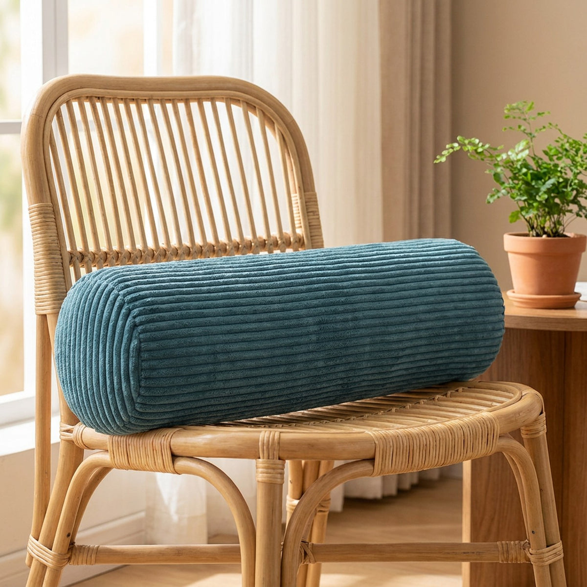 Traversin en velours côtelé bleu foncé sur un fauteuil en rotin près d'une fenêtre