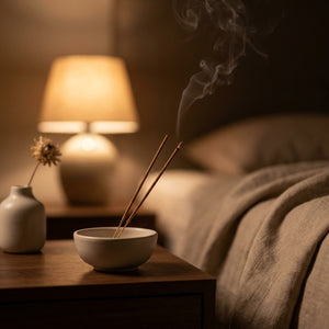 Bâtons d'encens japonais fumant dans une coupelle sur une table de chevet avec une lampe douce