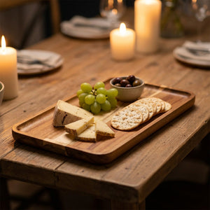 Plateau apéritif en bois d'acacia garni de fromage de raisin et de crackers à la lueur des bougies
