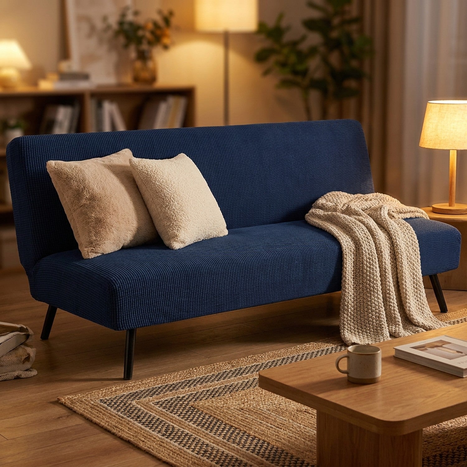 Housse de canapé convertible bleu marine avec coussins et plaid dans un salon cocooning