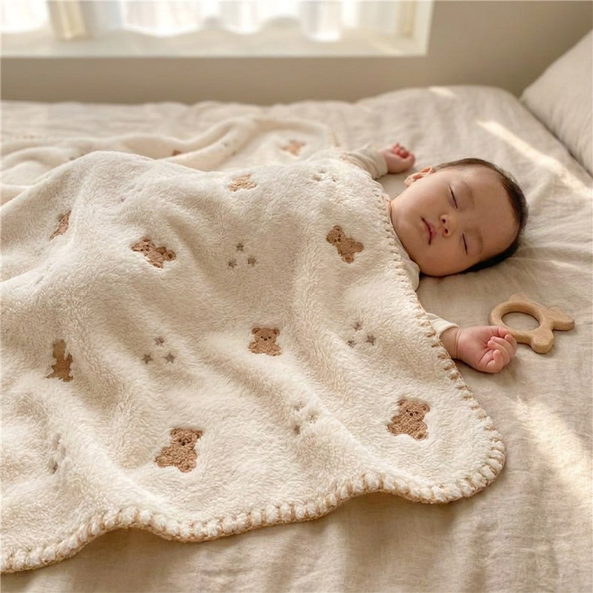 Bébé endormi couvert de la couverture crème à motifs d'oursons brodés