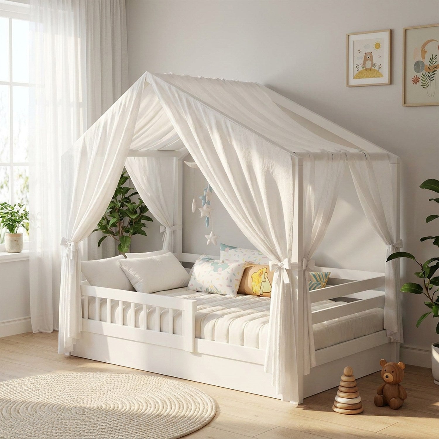 Ciel de lit cabane blanc dans une chambre d'enfant scandinave lumineuse avec tapis rond
