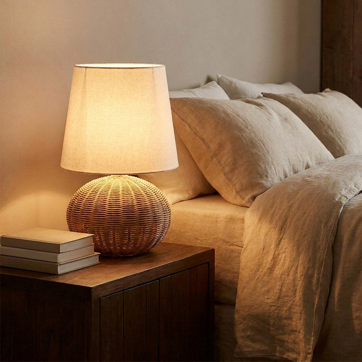 Lampe en rotin tressé allumée sur une table de chevet en bois près d un lit en lin beige