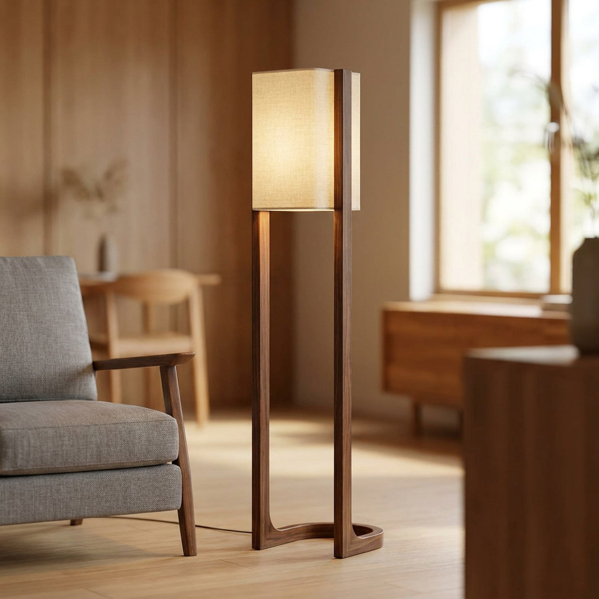 Lampadaire japonais en bois noyer allumé près d un fauteuil dans un salon chaleureux