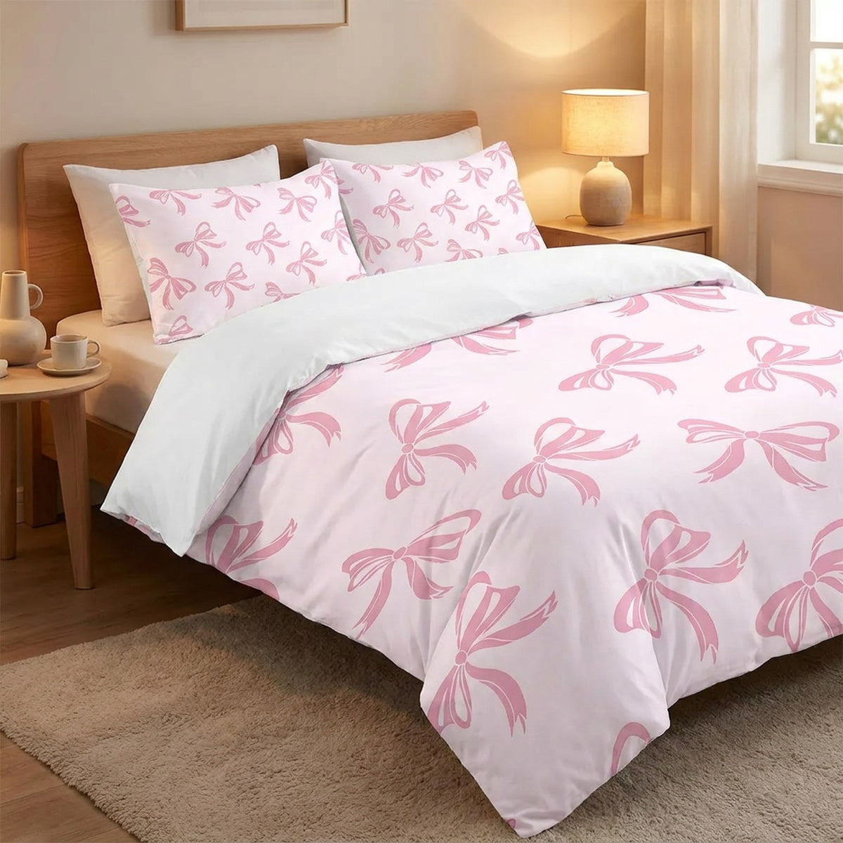 Parure de lit à nœuds roses sur un lit dans une chambre moderne avec lampe de chevet allumée