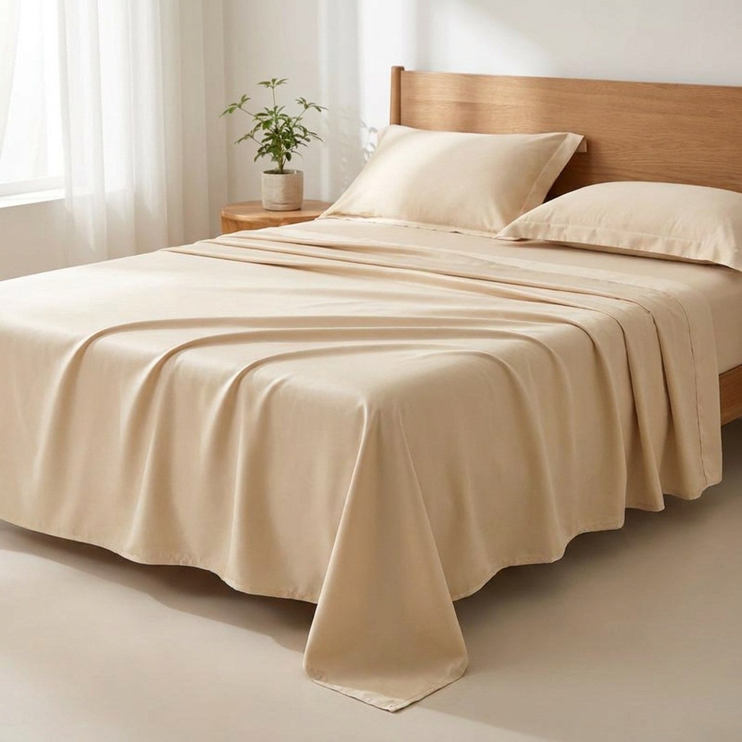 Drap plat coton égyptien beige sur lit fait dans chambre minimaliste avec tête de lit en bois