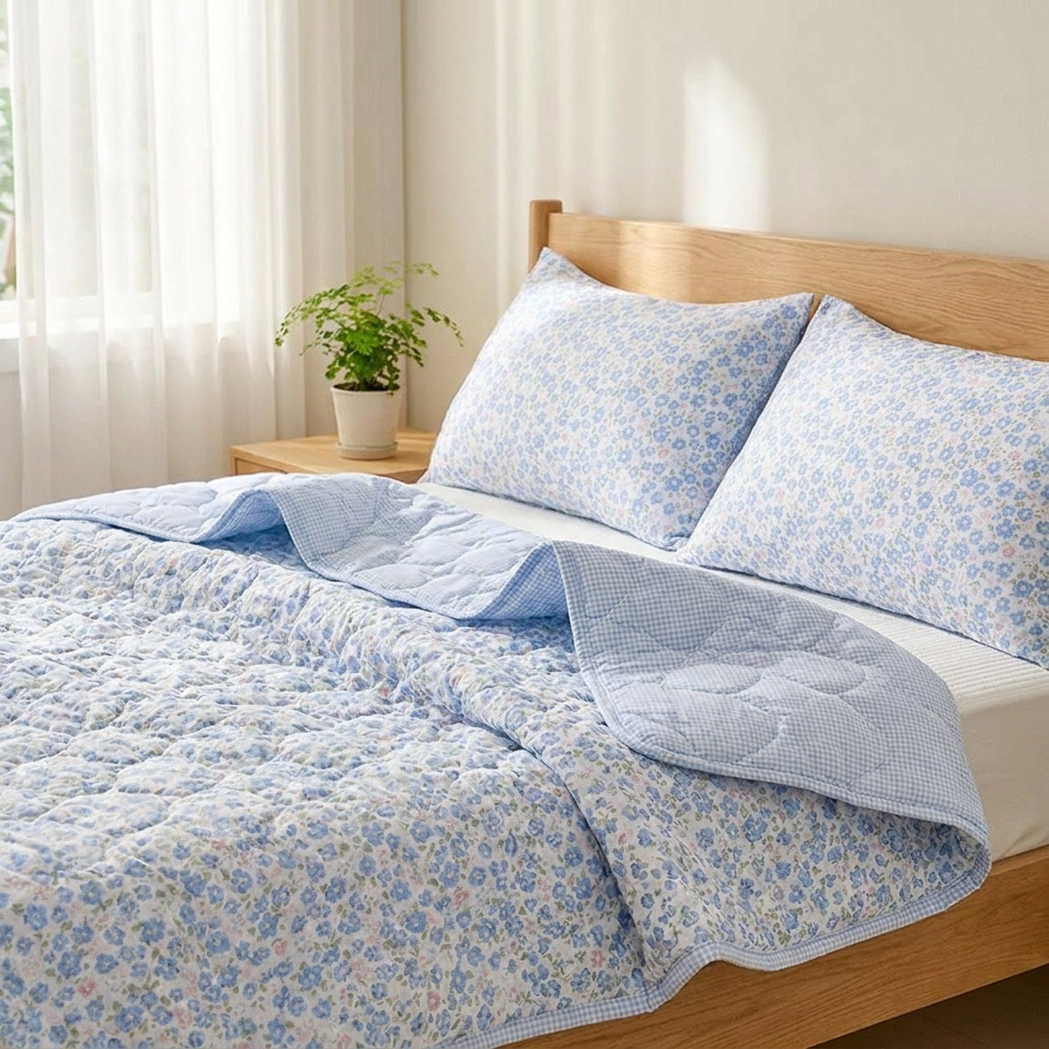 Couette d'été bleue à fleurs dépliée sur un lit avec ses taies assorties et son envers à carreaux