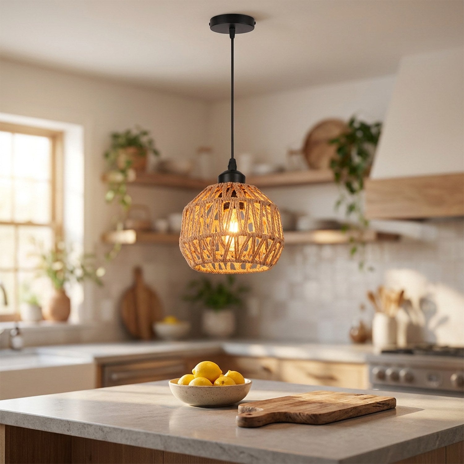 Suspension en corde de chanvre beige allumée au-dessus d'un îlot de cuisine lumineux