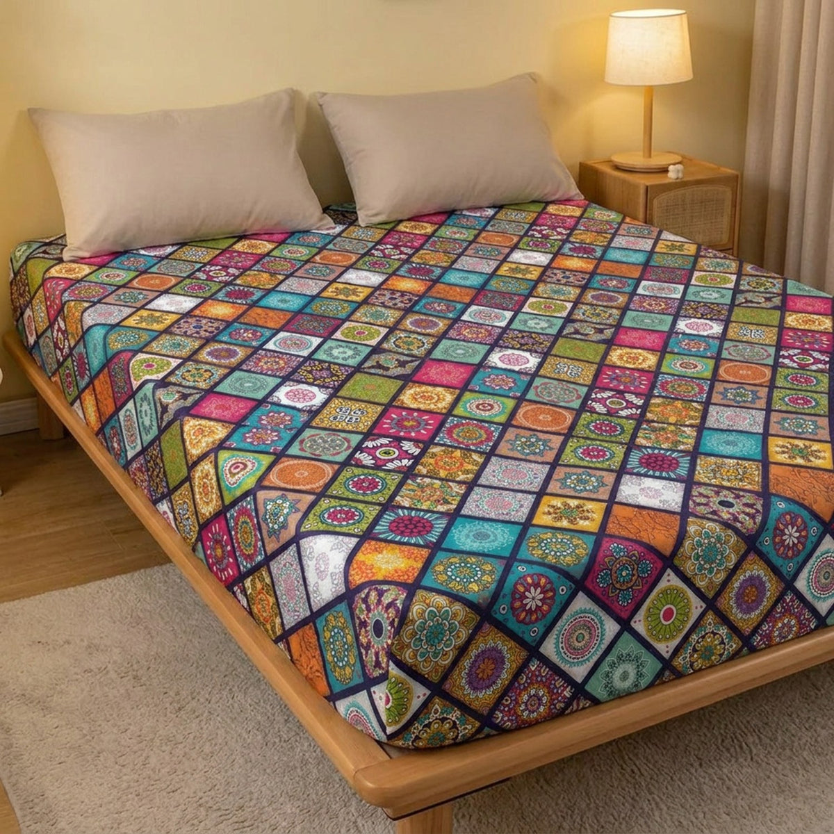 Drap housse bohème dans une chambre moderne avec table de chevet et lampe