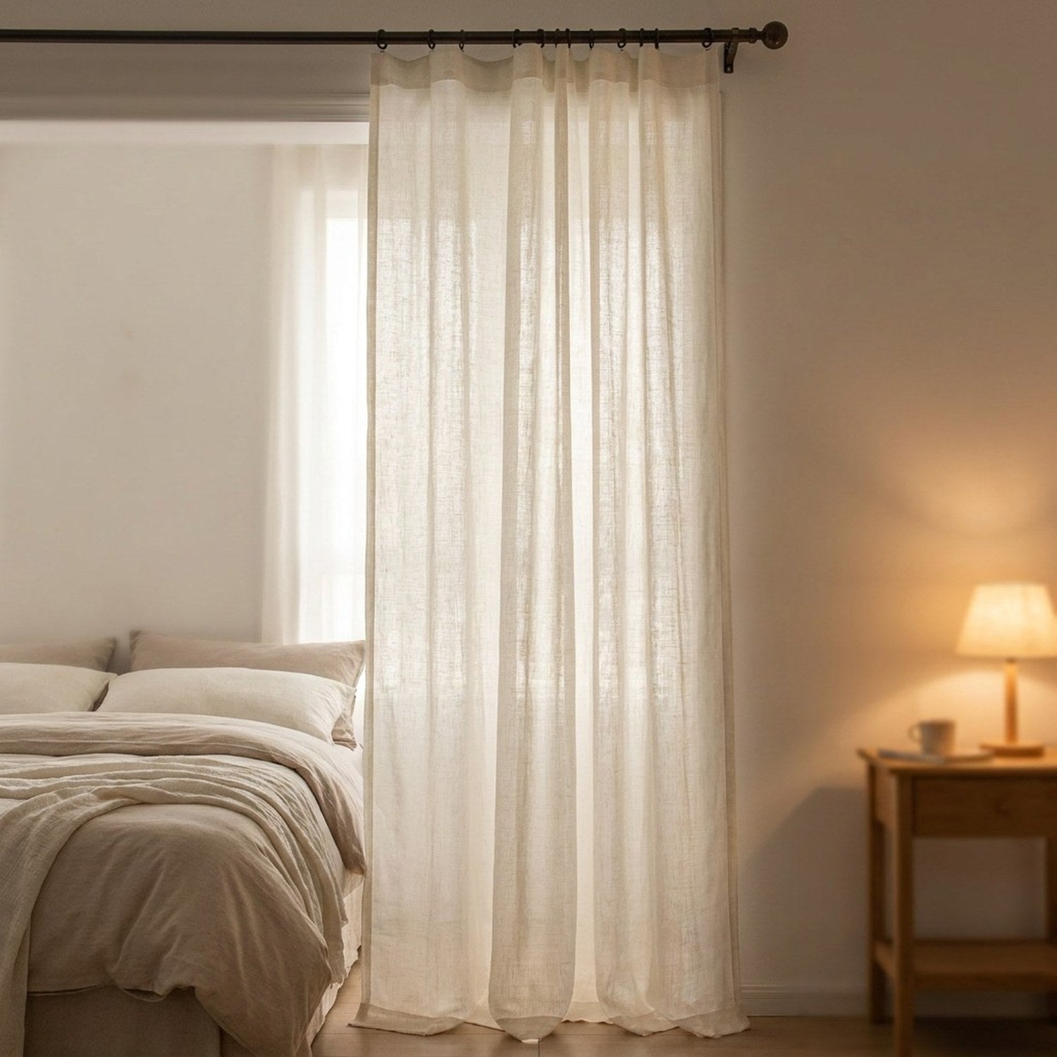 Rideau voilage en lin dans une chambre chaleureuse avec lit et lampe de chevet