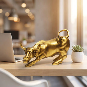 Statue taureau doré sur un bureau moderne à côté d un ordinateur portable
