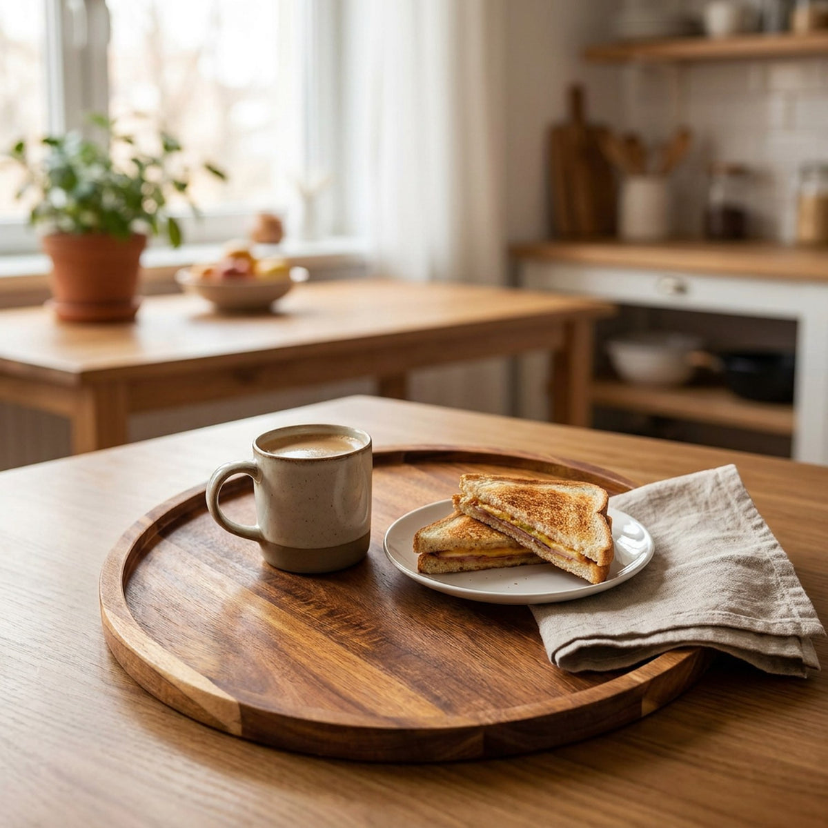 Plateau rond en bois d'acacia servant un café et un toast pour le brunch