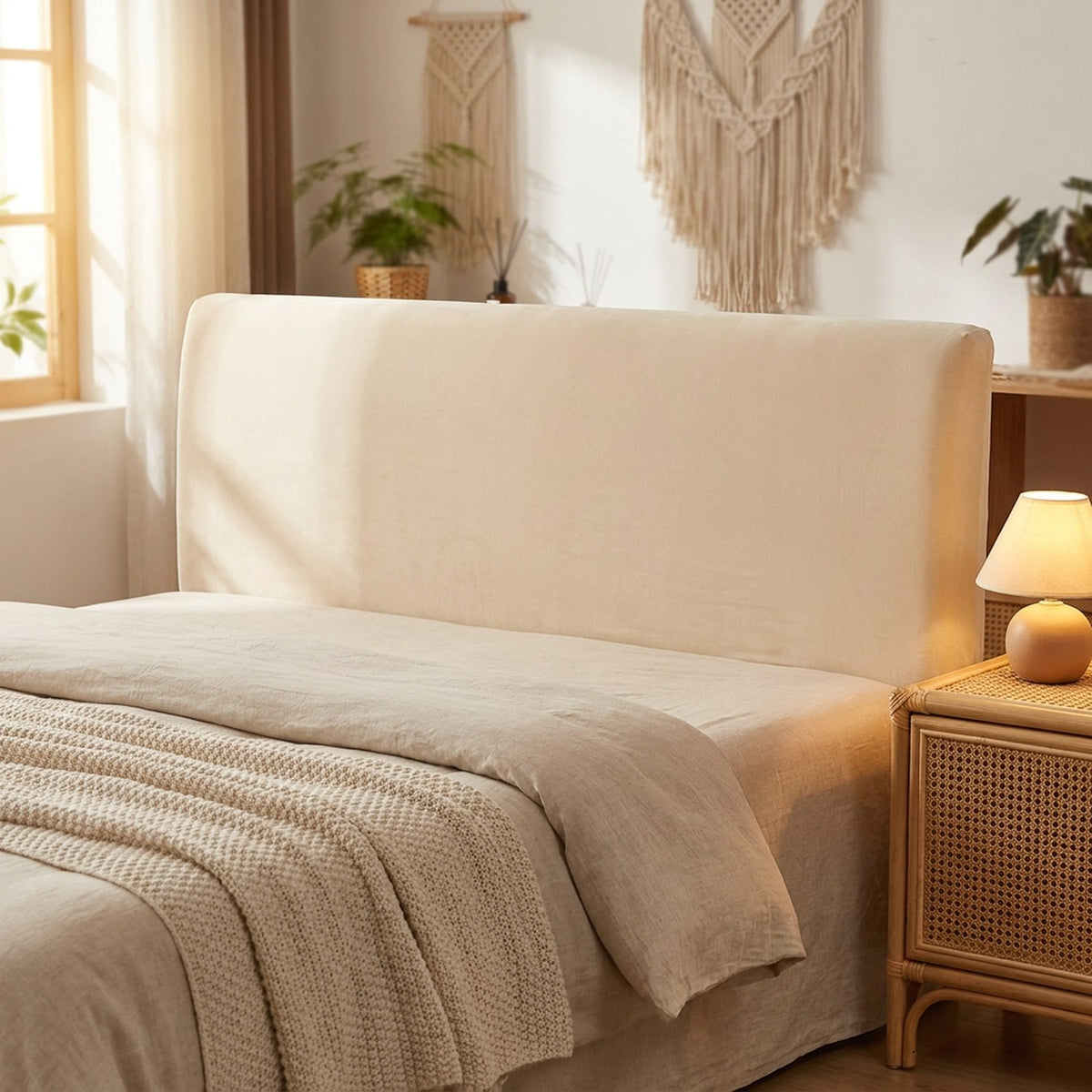 Housse de tête de lit en velours beige dans une chambre bohème chaleureuse