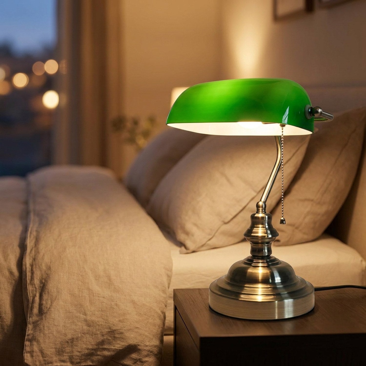 Lampe de bureau verte allumée sur une table de chevet dans une chambre