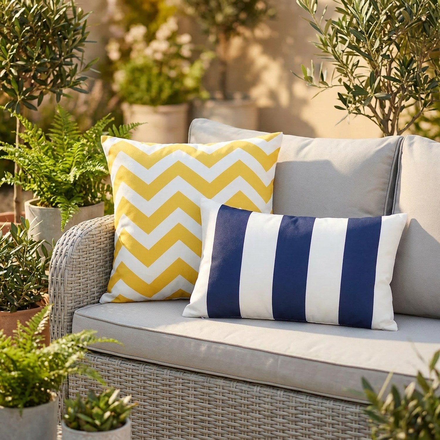 Coussins imperméables à chevrons jaunes et rayures bleu marine sur un canapé de jardin