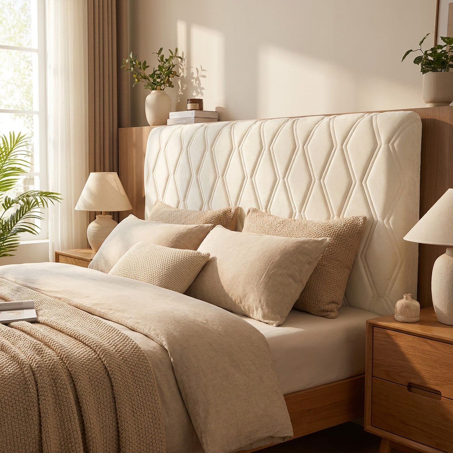 Housse de protection tête de lit en velours installée sur un lit dans une chambre lumineuse et chaleureuse