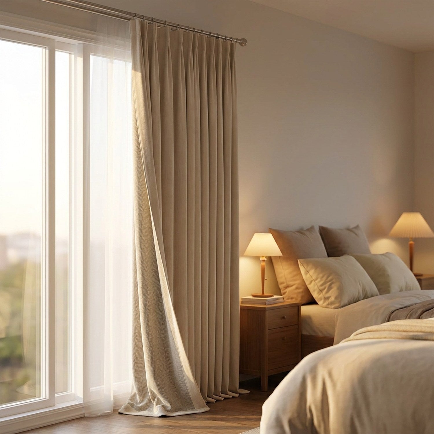 Rideau occultant beige velours chenille tiré dans une chambre cosy en fin de journée