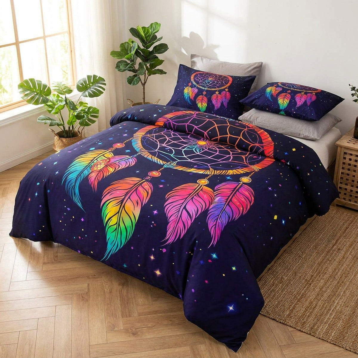 Parure de lit boho mandala dans une chambre lumineuse avec plantes vertes