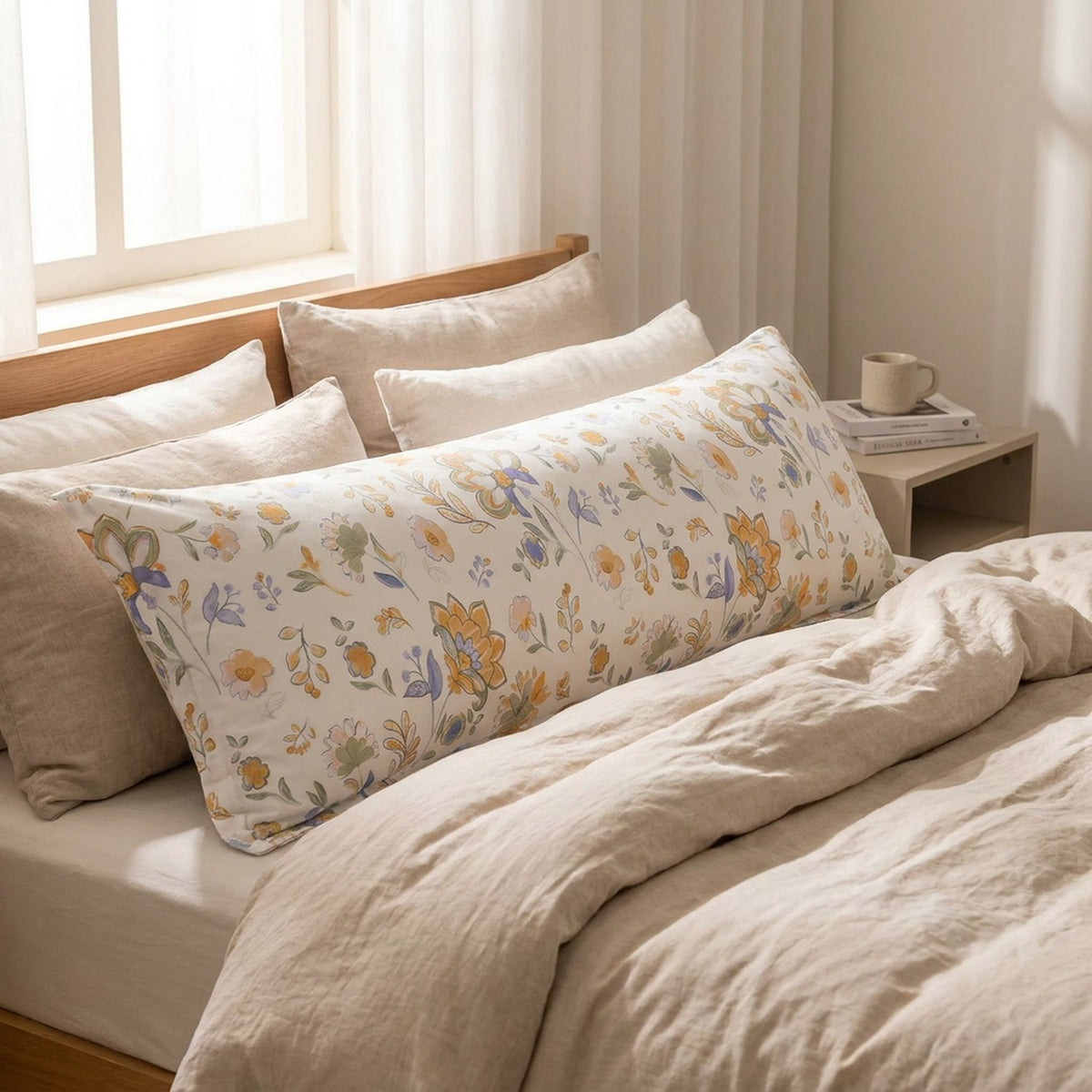 Taie d'oreiller longue fleurie sur un lit avec table de chevet en bois