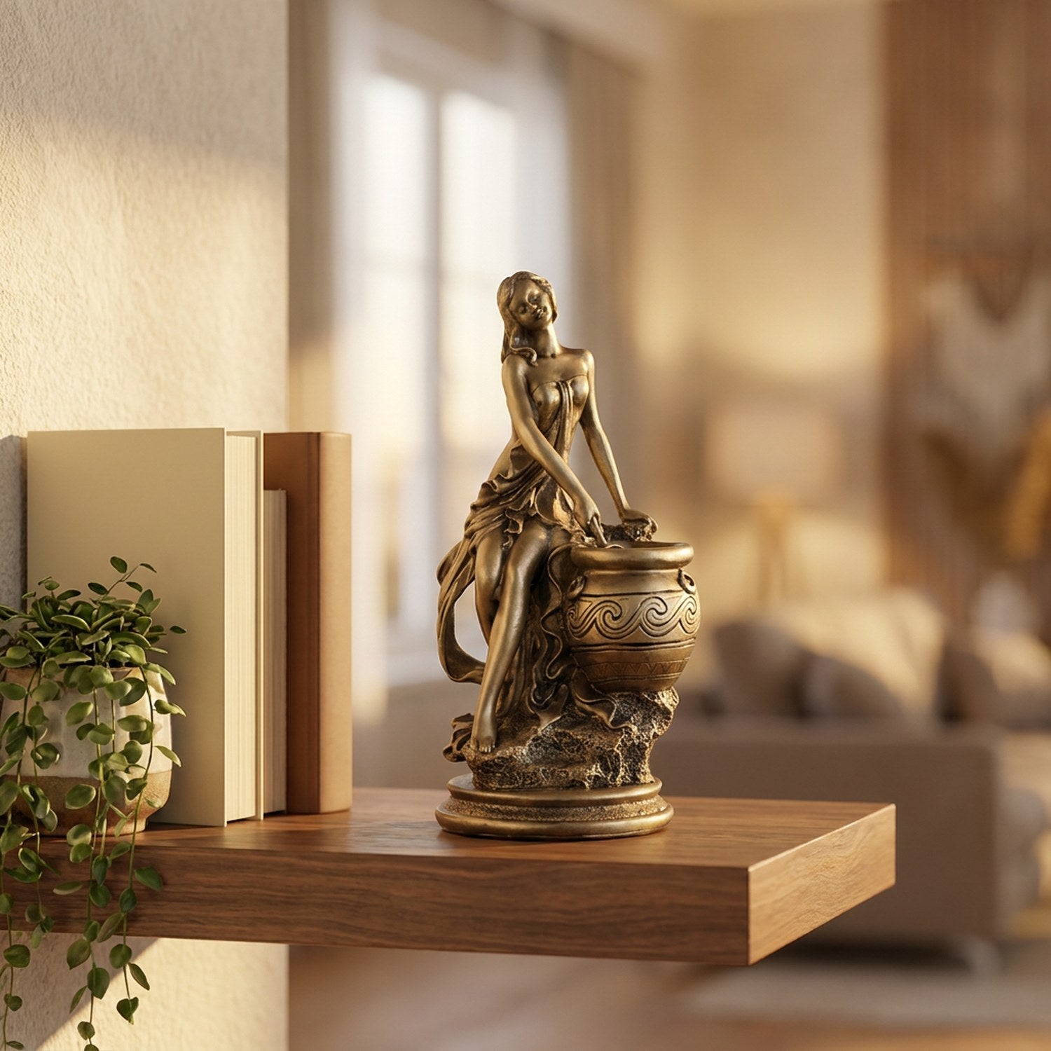 Statue de déesse grecque effet bronze sur une étagère murale en bois avec une plante