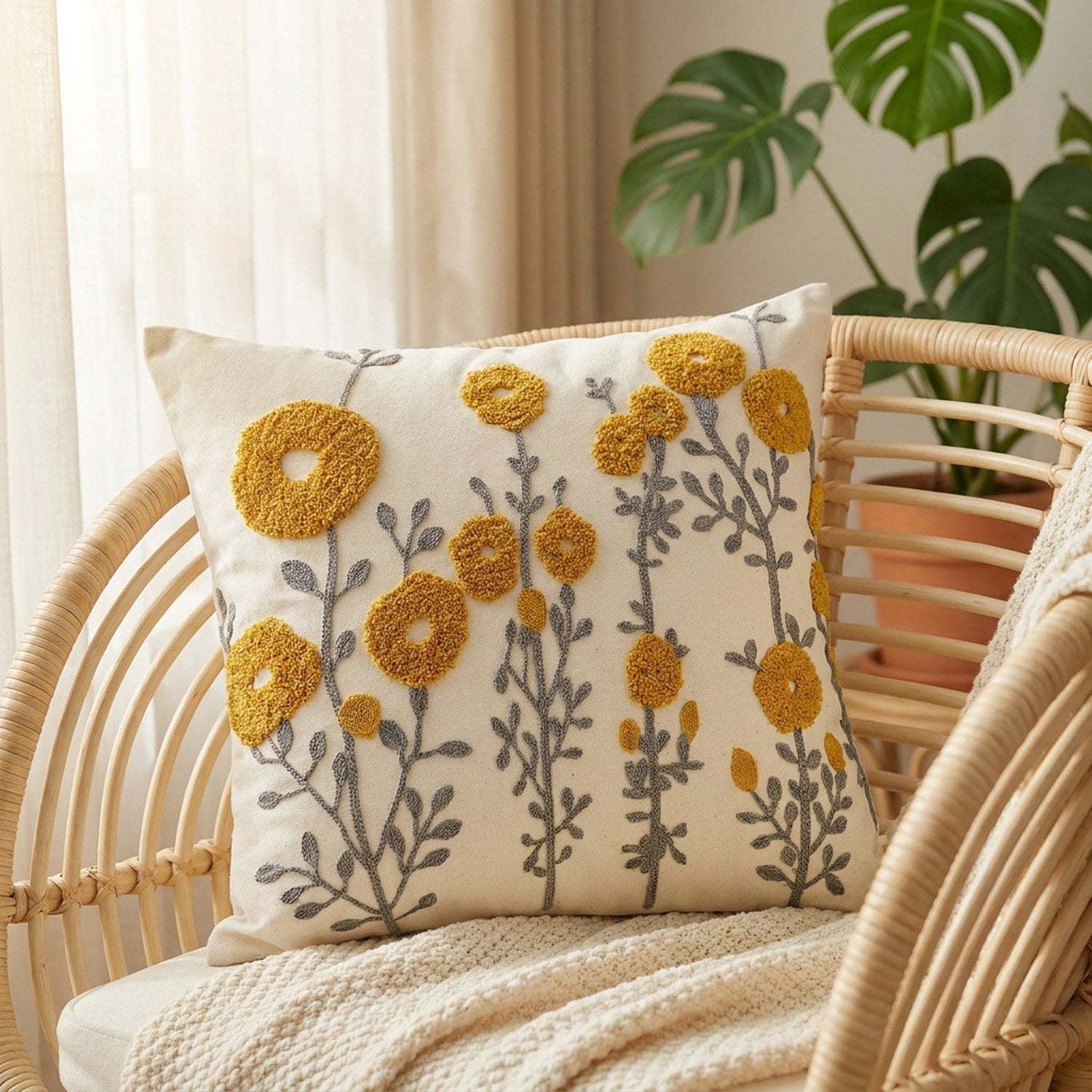 Coussin brodé bohème sur un fauteuil en rotin près d'une fenêtre