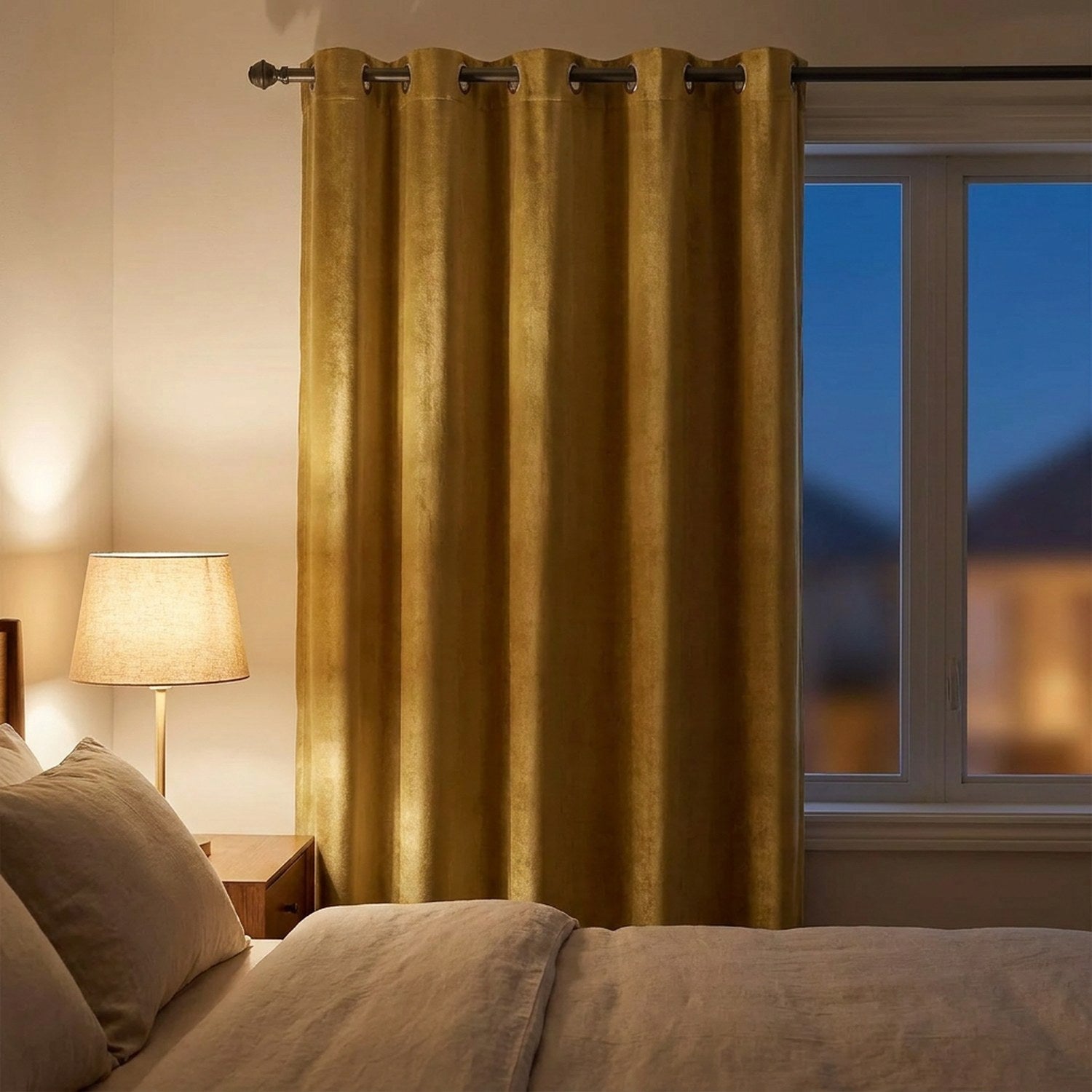 Rideau occultant velours doré dans une chambre tamisée le soir avec lampe de chevet allumée