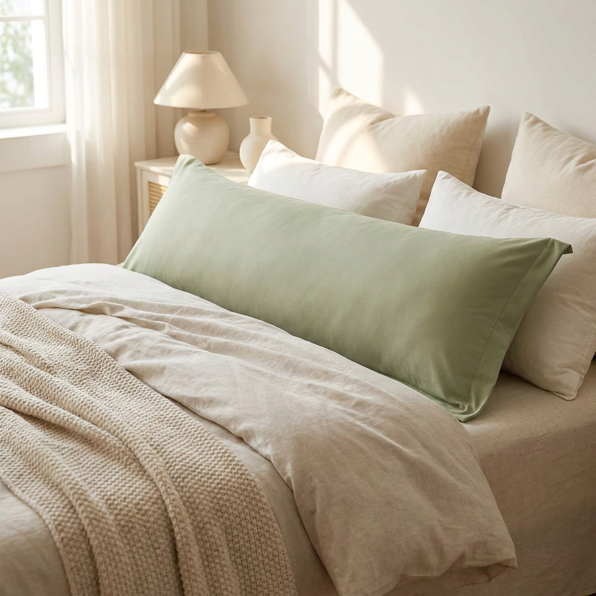Taie de traversin longue verte sur un grand lit fait dans une chambre lumineuse et cosy