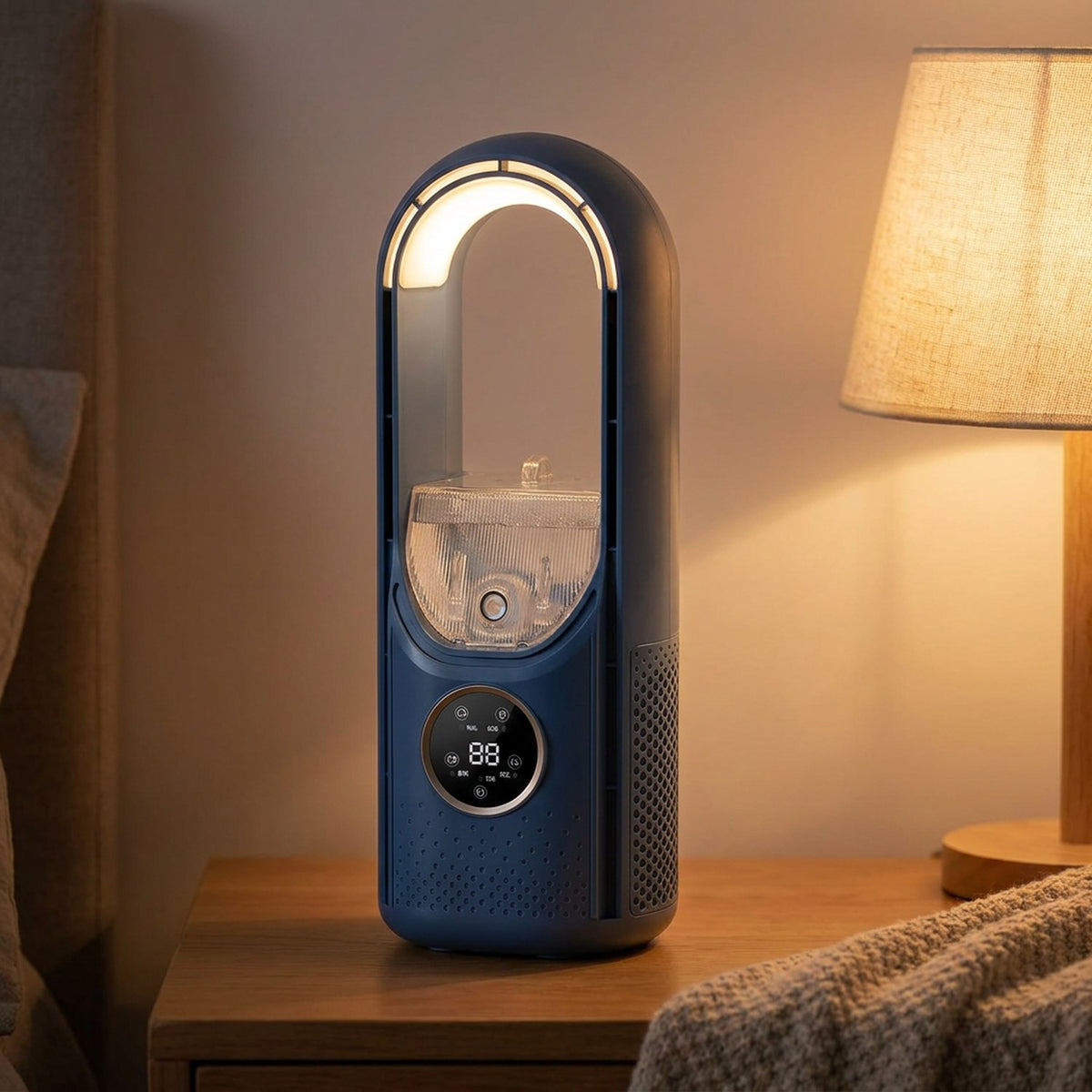 Ventilateur humidificateur bleu sur une table de chevet avec lampe chaleureuse