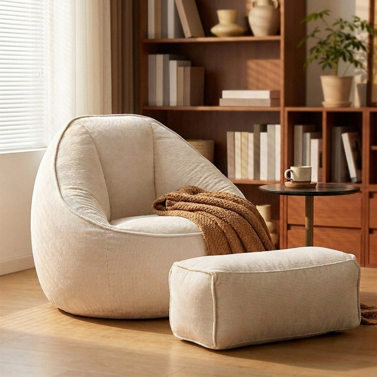 Fauteuil pouf et repose-pieds en velours côtelé blanc près d'une bibliothèque
