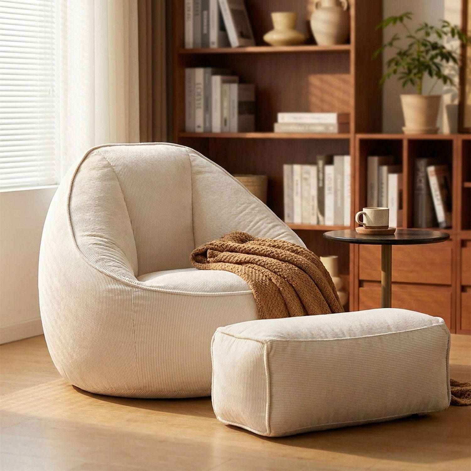 Fauteuil pouf et repose-pieds en velours côtelé blanc près d'une bibliothèque