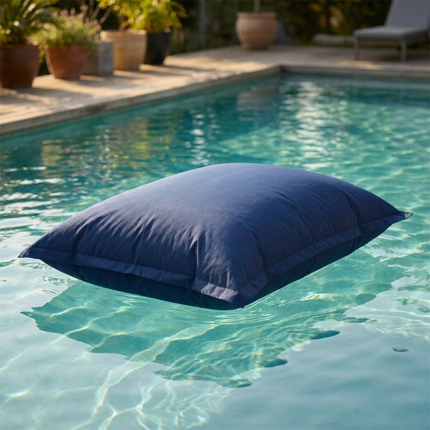 Pouf géant bleu marine flottant sur l'eau d'une piscine
