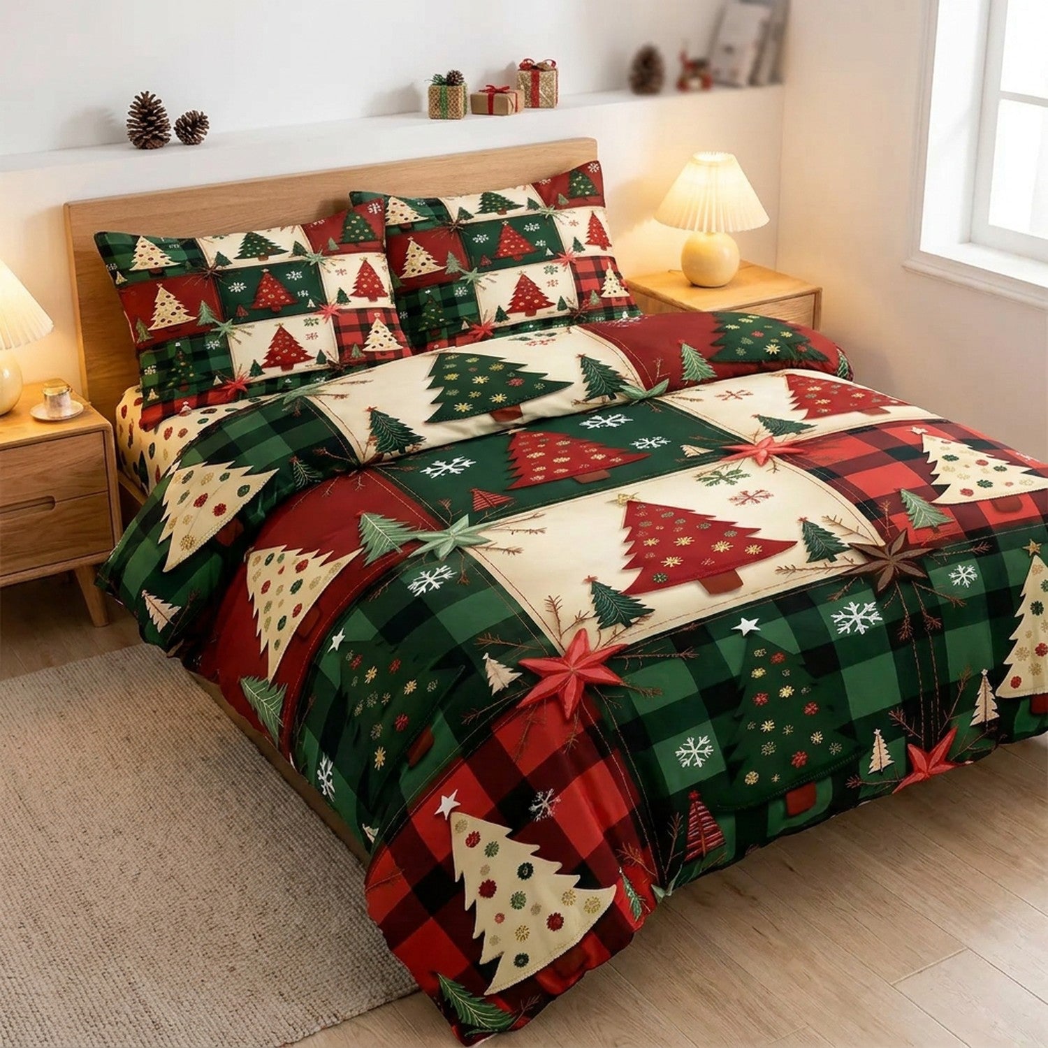 Parure de lit de Noël dans une chambre moderne avec table de chevet en bois
