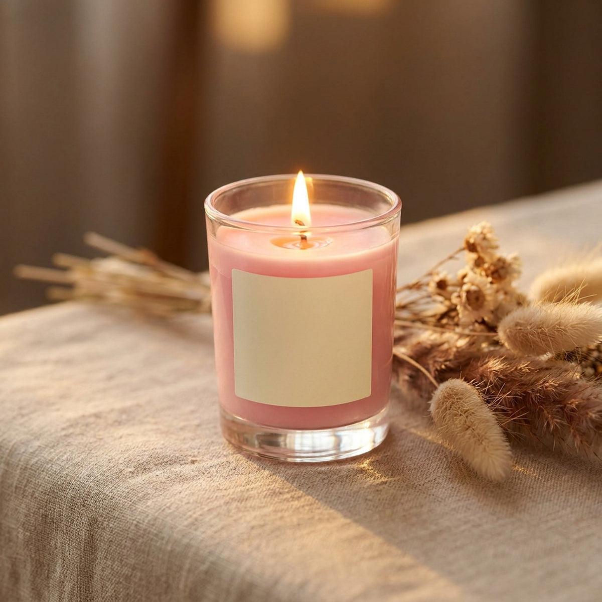 Bougie parfumée rose allumée sur une nappe en lin avec des fleurs séchées