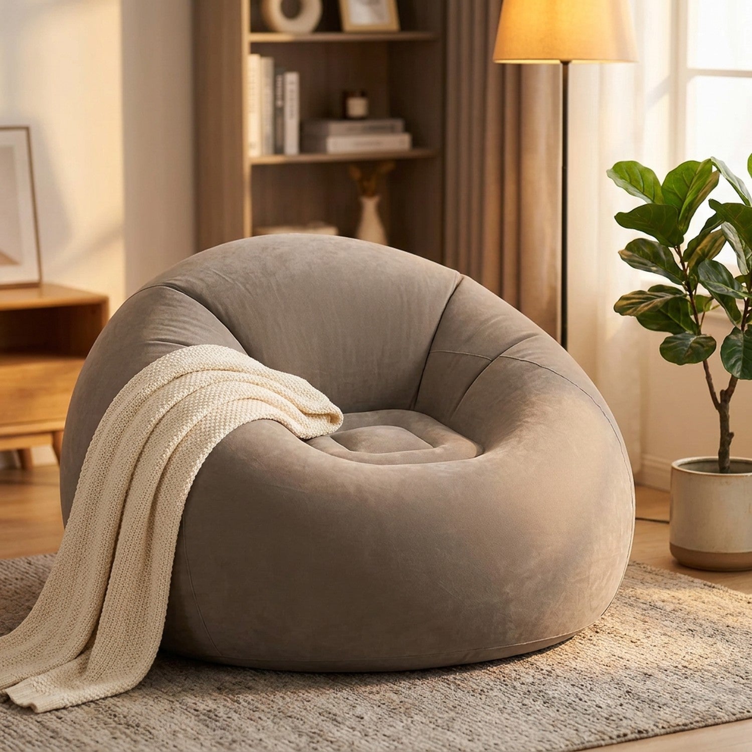 Fauteuil gonflable gris dans un coin salon cosy avec lampadaire et plaid