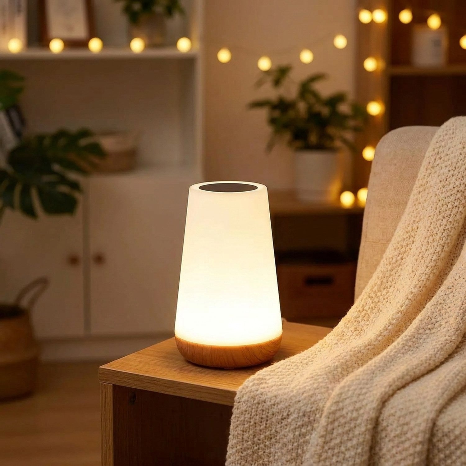 Lampe tactile allumée dans un salon cocooning avec guirlande lumineuse et plaid