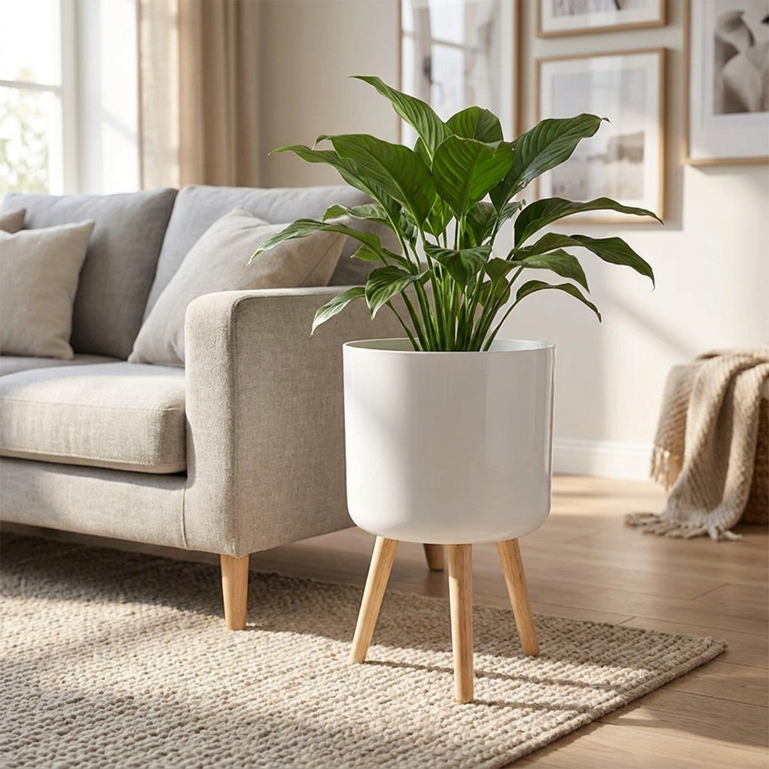 Cache-pot blanc sur pieds en bois avec une plante verte à côté d un canapé en lin