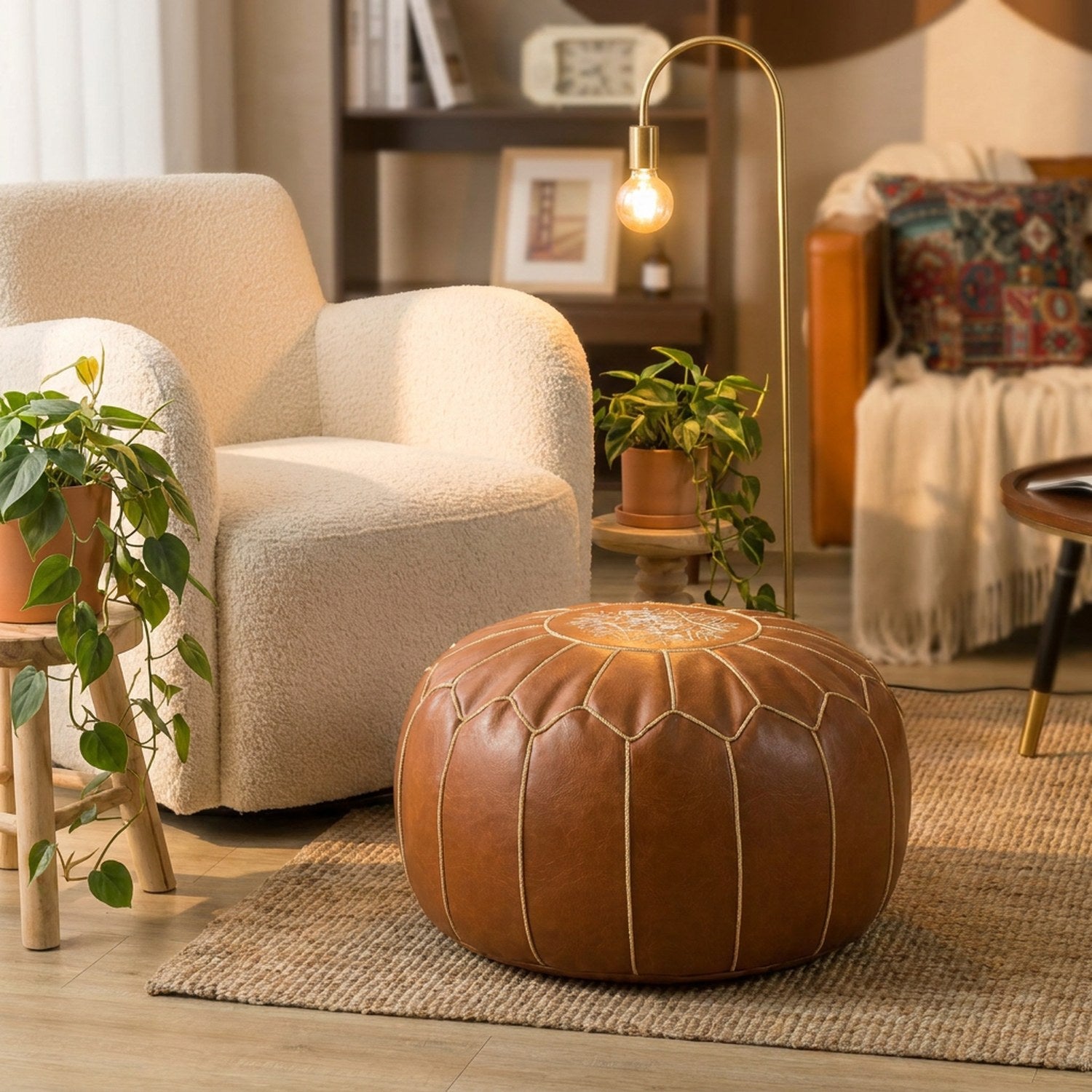 Pouf marocain marron utilisé comme repose-pieds près d'un fauteuil et d'un lampadaire