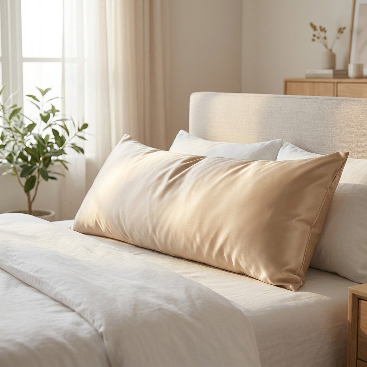 Taie d'oreiller traversin en satin beige sur un lit dans une chambre scandinave lumineuse