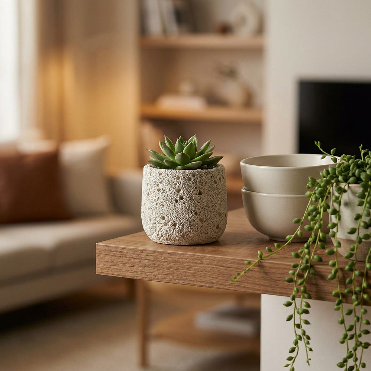 Cache-pot en ciment avec succulente sur une étagère en bois dans un salon cosy