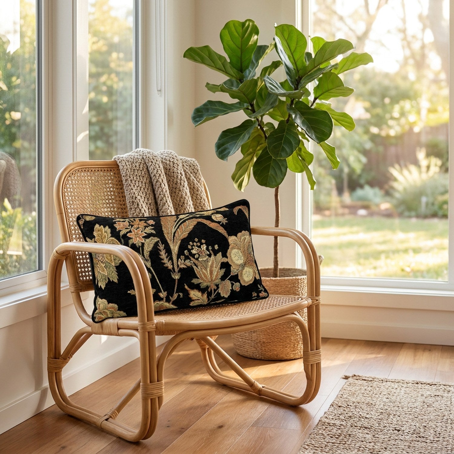 Coussin lombaire a motif floral pose sur un fauteuil en rotin pres d'une fenetre