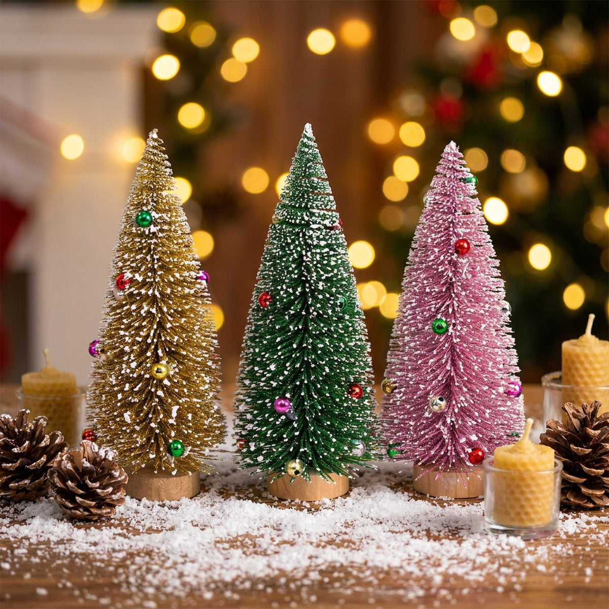 Trois sapins de Noël miniatures dorés verts et roses groupés sur une table festive enneigée