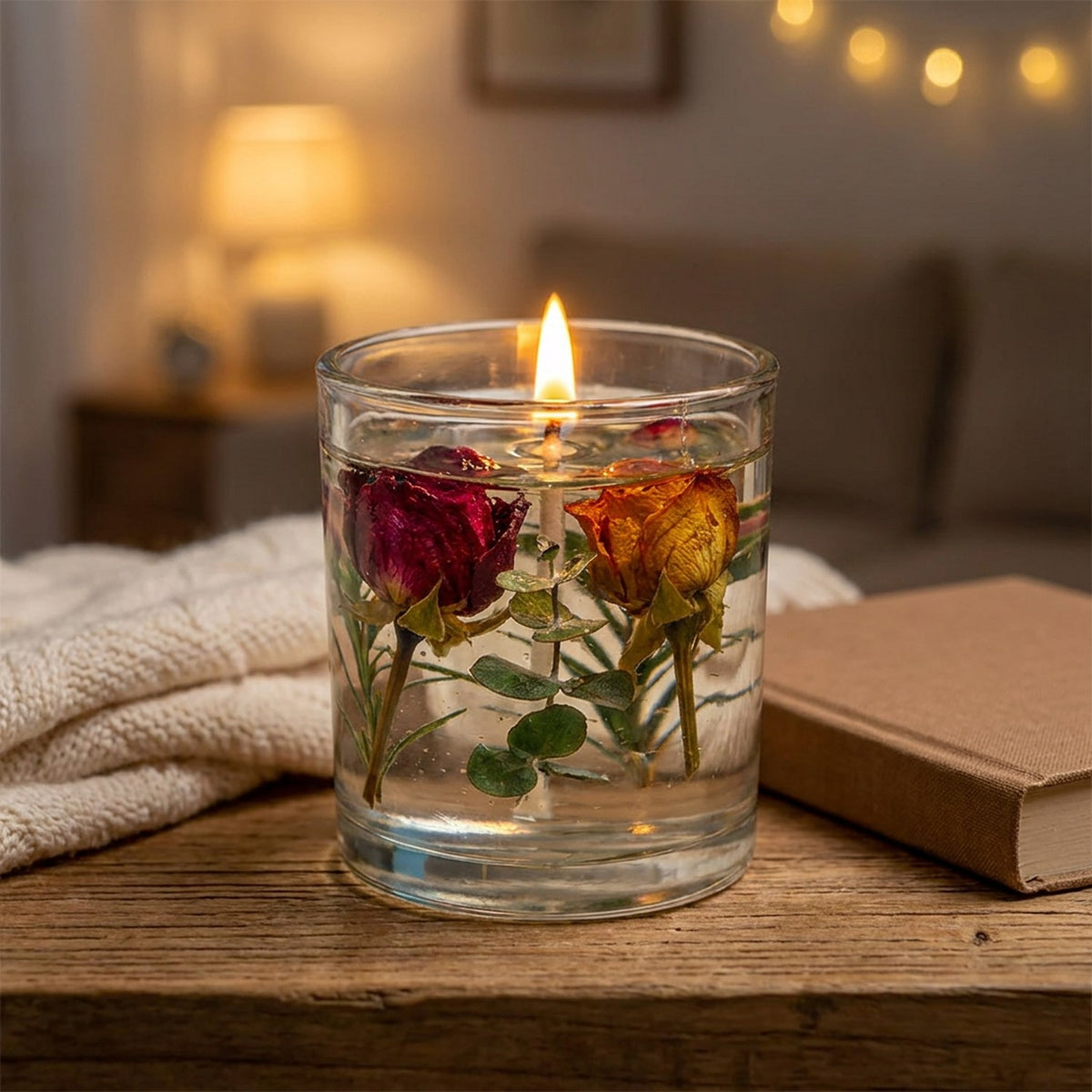 Bougie parfumée allumée sur une table de salon avec un plaid et un livre
